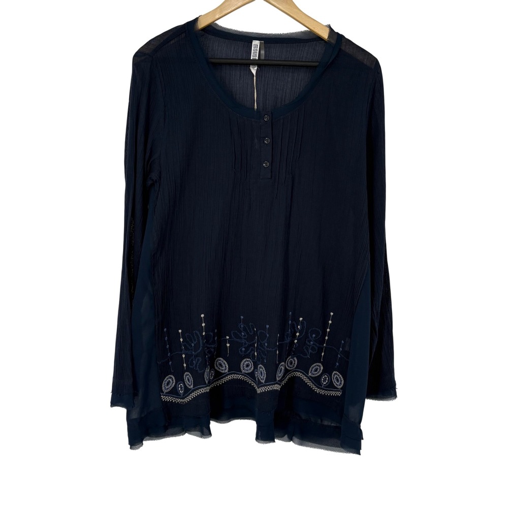 Monoreno Womens Navy Blue Crinkle Gauze Embroidered Henley Tunic Top Size M Boho